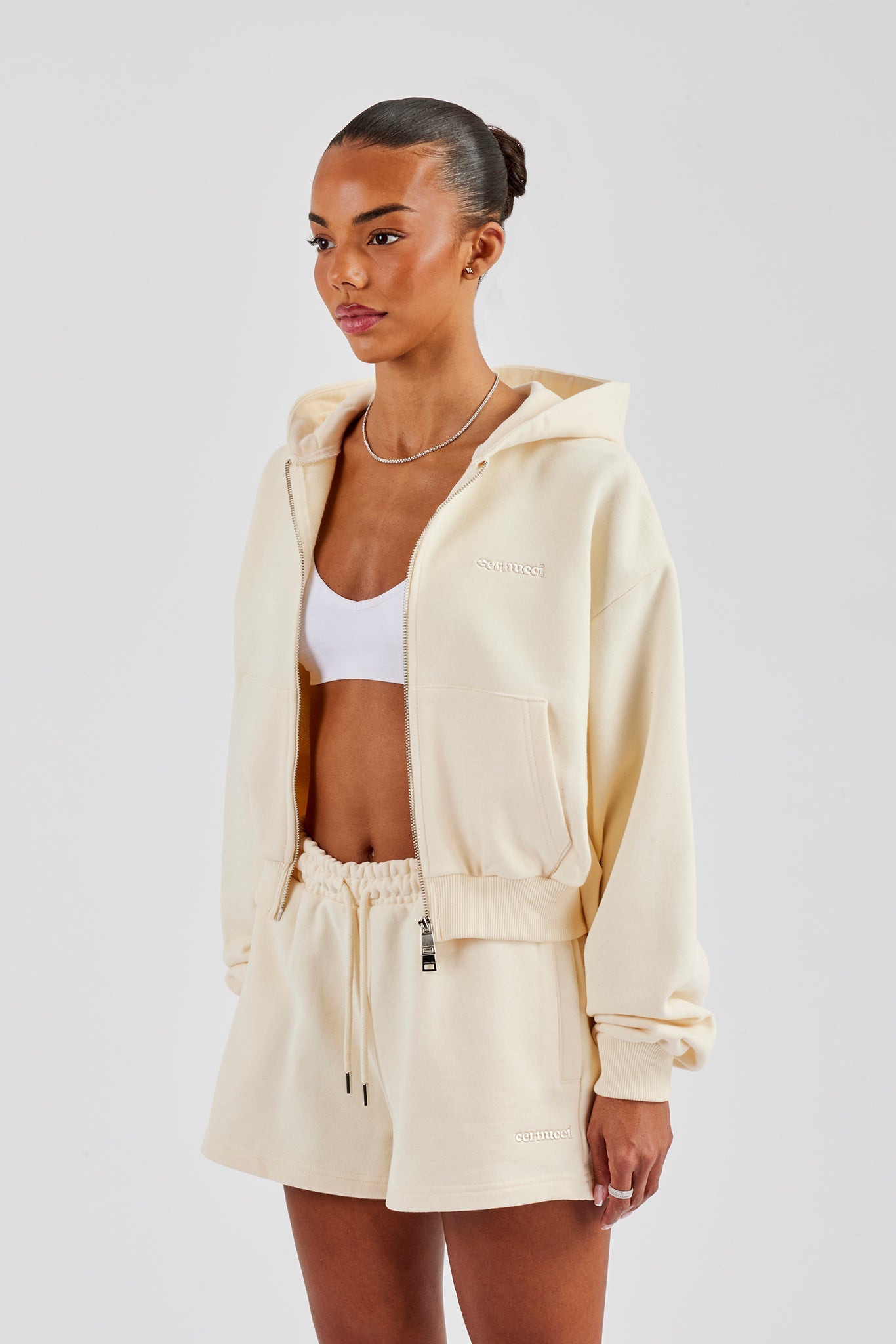 Cropped Zip Through Hoodie & Embroidered Short - Butter Yellow